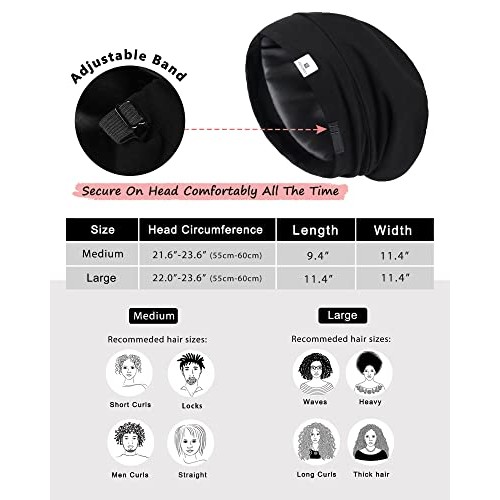 YANIBEST Silk Satin Bonnet Hair Cover Sleep Cap - Black Adjustable Stay on Si...