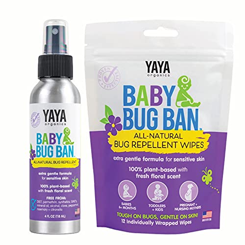 YAYA ORGANICS Baby Bug Ban Spray + Wipe Bundle - All-Natural Repellent Made w...