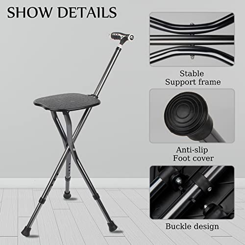 Hold 440 lbs Cane with Seat Combo Aluminum Alloy Portable LED Folding Walking...