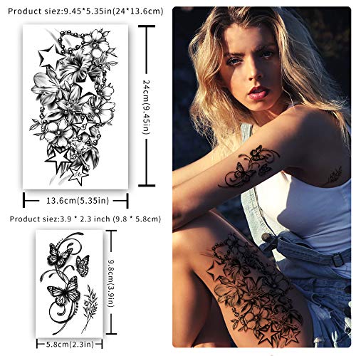 40 sheets Waterproof Temporary Tattoos Flowers Rose Butterfly Fake Tattoo Mix...