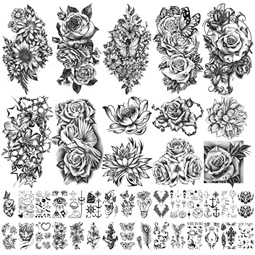 40 sheets Waterproof Temporary Tattoos Flowers Rose Butterfly Fake Tattoo Mix...
