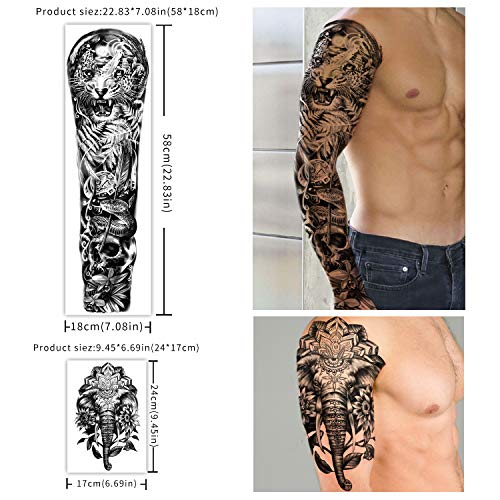 Full Arm Temporary Tattoos 8 Sheets and Half Arm Shoulder Waterproof Tattoos ...
