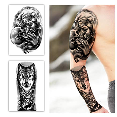Full Arm Temporary Tattoos 8 Sheets and Half Arm Shoulder Waterproof Tattoos ...