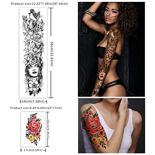 Full Arm Waterproof Temporary Tattoos 8 Sheets and Half Arm Shoulder Tattoo 1...