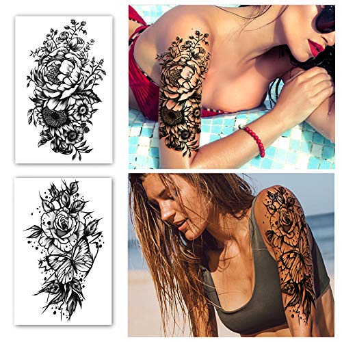 Full Arm Waterproof Temporary Tattoos 8 Sheets and Half Arm Shoulder Tattoo 1...