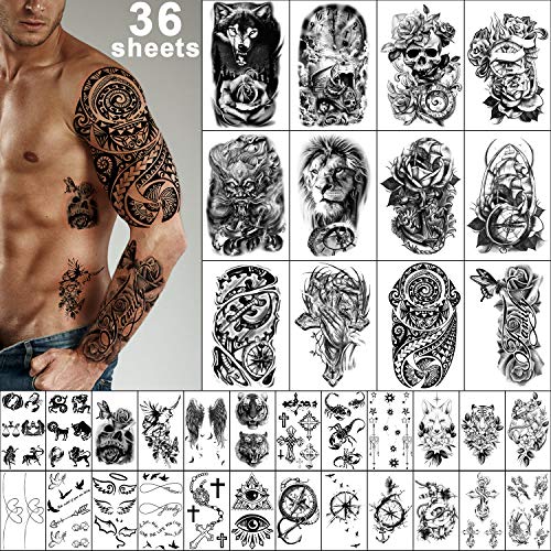 Yazhiji 36 Sheets Temporary Tattoos Stickers, 12 Sheets Fake Body Arm Chest S...