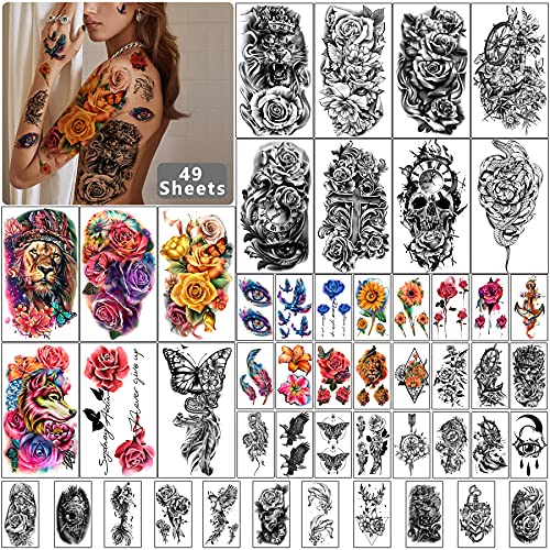 Yazhiji 49 sheets Large Flowers Skull Waterproof Temporary Tattoos for Women ...