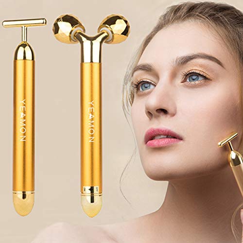 2 in 1 Face Massager Golden Facial Electric 3D Roller and T Shape Arm Eye Nos...
