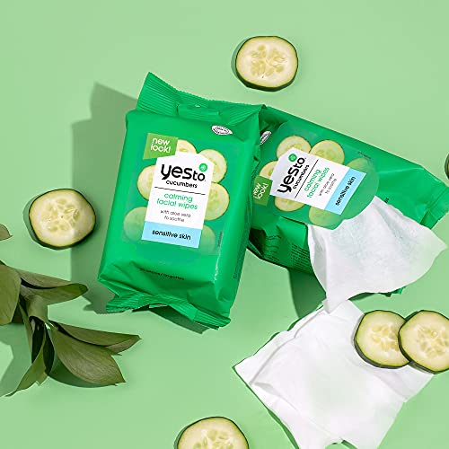 Yes To Soothing Hypoallergenic Facial Wipes for Sensitive Skin, Cucumbers Alo...