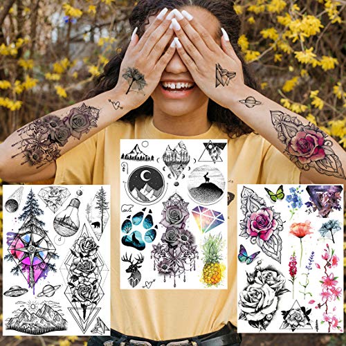 Yezunir 6 Sheets Watercolor Flower Temporary Tattoos For Women Girls Small La...