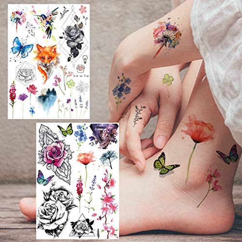 Yezunir 6 Sheets Watercolor Flower Temporary Tattoos For Women Girls Small La...