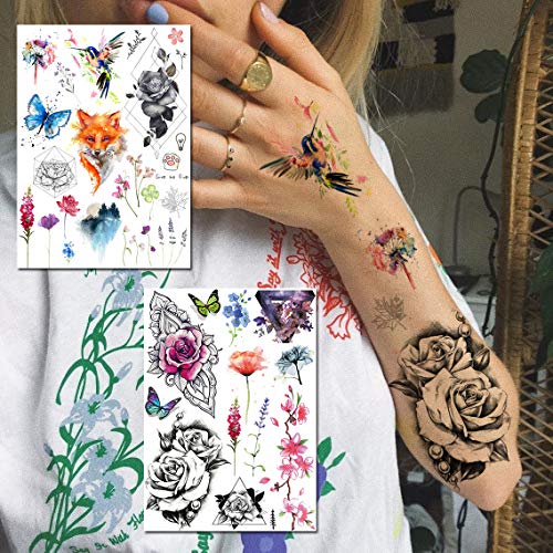 Yezunir 6 Sheets Watercolor Flower Temporary Tattoos For Women Girls Small La...