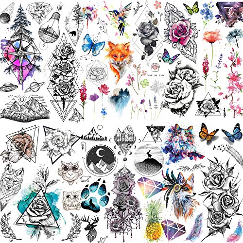Yezunir 6 Sheets Watercolor Flower Temporary Tattoos For Women Girls Small La...