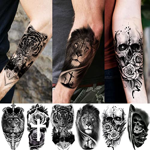Yezunir 62 Sheets Black Tiger Lion Temporary Tattoos For Women Men Kids, Hall...