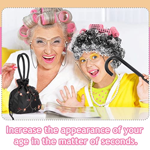 Old Lady Cosplay Costume Set for Kids Grandmother Wig Old Lady Wig Curly Kids...