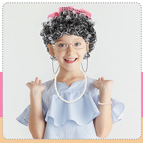 Old Lady Cosplay Costume Set for Kids Grandmother Wig Old Lady Wig Curly Kids...