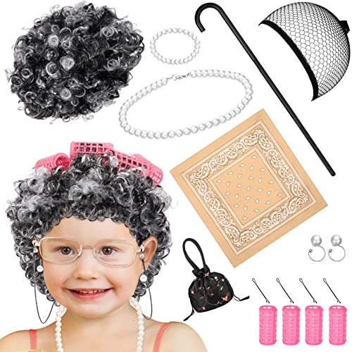 Old Lady Cosplay Costume Set for Kids Grandmother Wig Old Lady Wig Curly Kids...