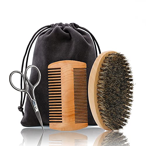 Beard Brush and Comb Set - Bamboo Brush with Boar Bristles and Pear Wood Comb...