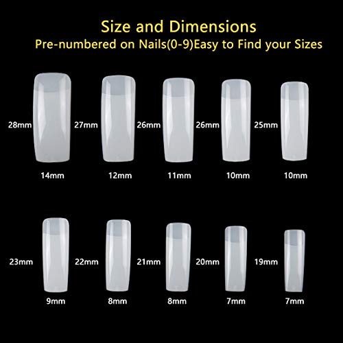 2 Pack Clear and Natural False Acrylic Nails Tips Half Cover 10 Sizes 500pcs ...