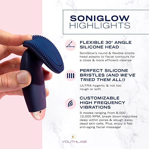 YouthLab SoniGlow, Navy, Silicone Facial Skin Cleansing Brush, Electric, Vibr...