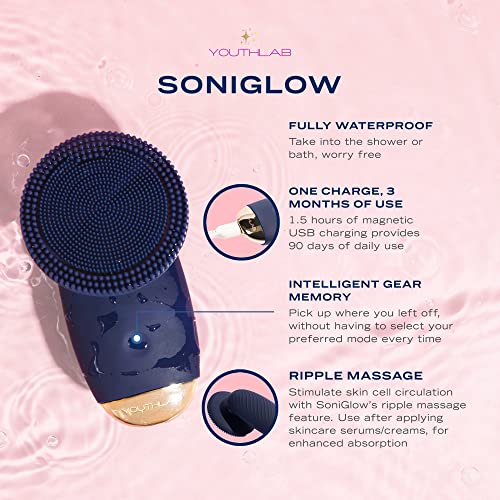 YouthLab SoniGlow, Navy, Silicone Facial Skin Cleansing Brush, Electric, Vibr...