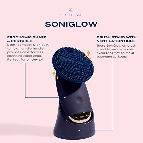 YouthLab SoniGlow, Navy, Silicone Facial Skin Cleansing Brush, Electric, Vibr...