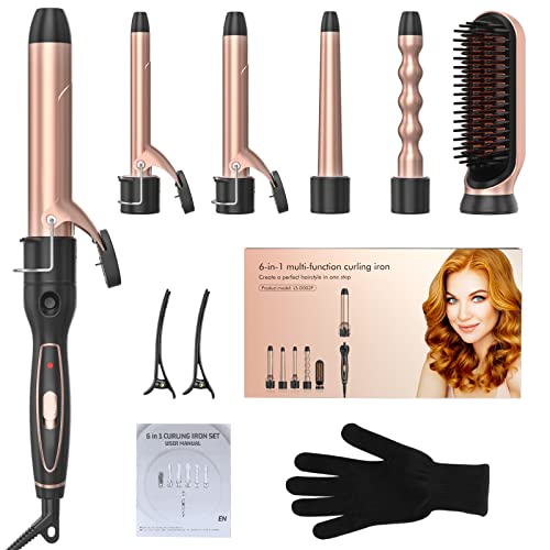 Curling Iron, 6 in 1 Curling Wand Set with Hair Straightener Brush, Professio...