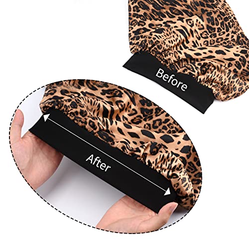 Satin Bonnet for Women 2 Pack Soft and Elastic Black Leopard Long Hair Cap，L...