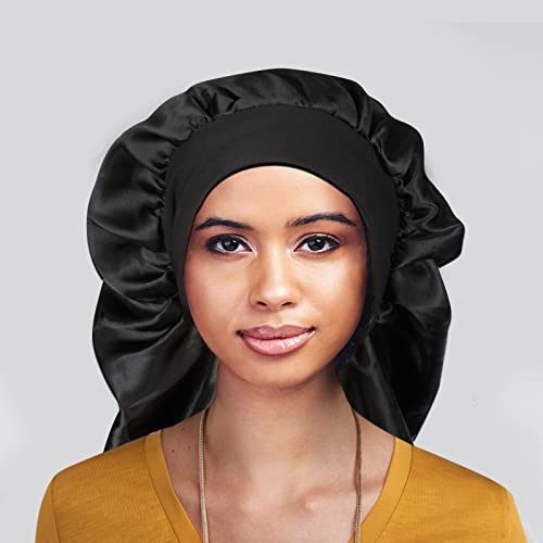 Satin Bonnet for Women 2 Pack Soft and Elastic Black Leopard Long Hair Cap，L...