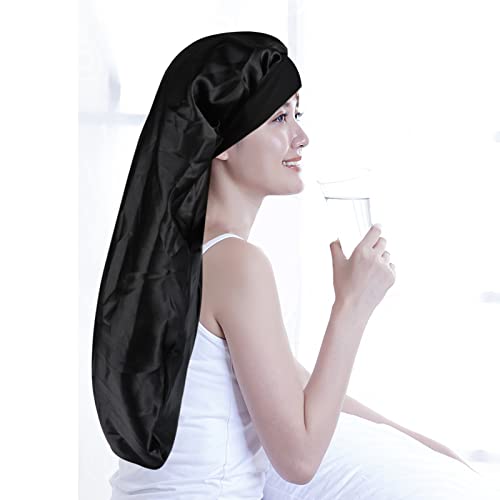 Satin Bonnet for Women 2 Pack Soft and Elastic Black Leopard Long Hair Cap，L...
