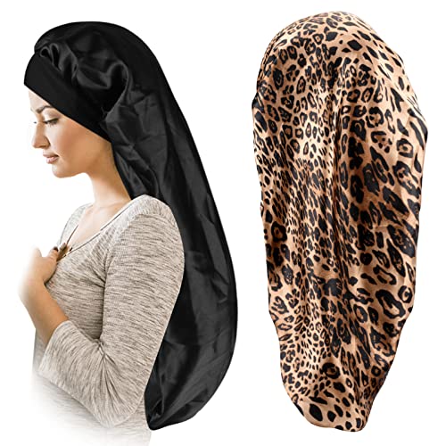 Satin Bonnet for Women 2 Pack Soft and Elastic Black Leopard Long Hair Cap，L...