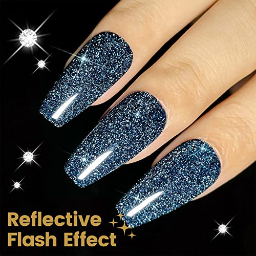 YTD Likomey Reflective Glitter Gel Nail Polish,15ml Deep Blue Flash Diamond D...