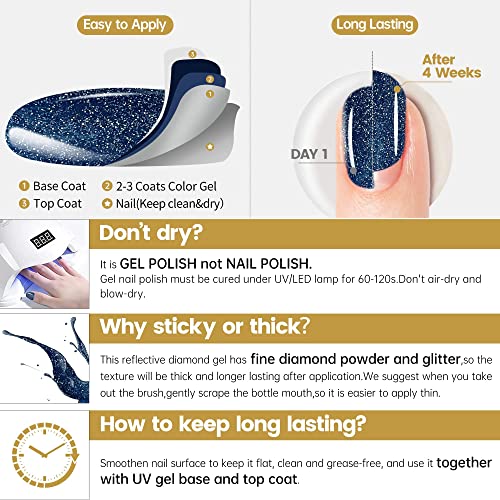 YTD Likomey Reflective Glitter Gel Nail Polish,15ml Deep Blue Flash Diamond D...