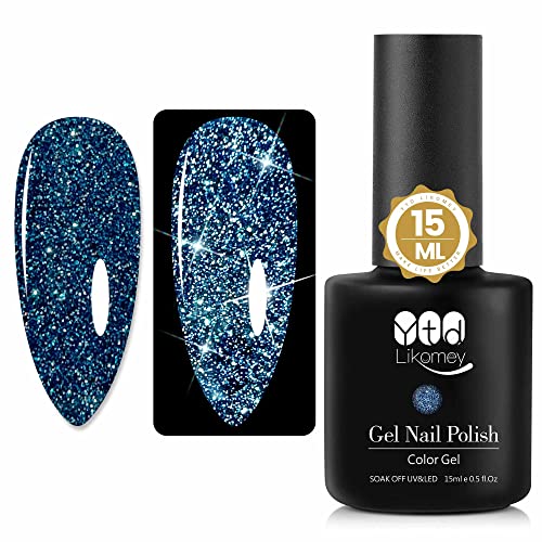 YTD Likomey Reflective Glitter Gel Nail Polish,15ml Deep Blue Flash Diamond D...