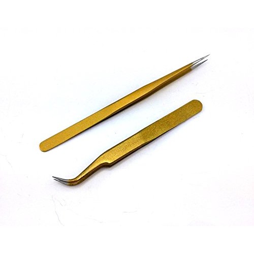 yueton 2pcs Gold Color Coated Stainless Steel Straight and Curved Head Tweeze...