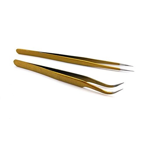 yueton 2pcs Gold Color Coated Stainless Steel Straight and Curved Head Tweeze...