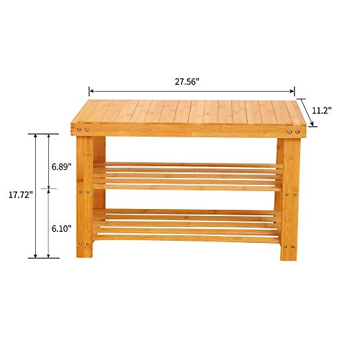YUHUAWYH Bamboo Bench 2 Tiers Shoe Bench for Entryway Storage Bench Natural C...