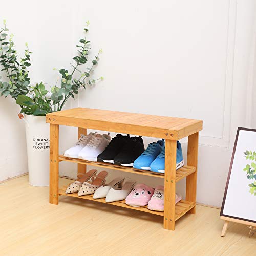 YUHUAWYH Bamboo Bench 2 Tiers Shoe Bench for Entryway Storage Bench Natural C...