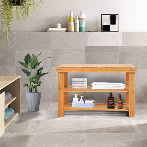 YUHUAWYH Bamboo Bench 2 Tiers Shoe Bench for Entryway Storage Bench Natural C...