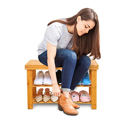 YUHUAWYH Bamboo Bench 2 Tiers Shoe Bench for Entryway Storage Bench Natural C...