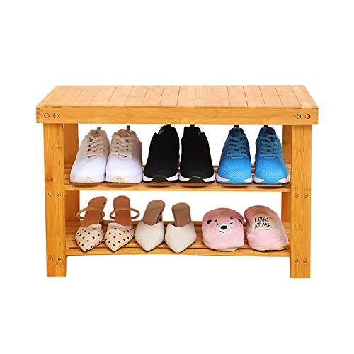 YUHUAWYH Bamboo Bench 2 Tiers Shoe Bench for Entryway Storage Bench Natural C...
