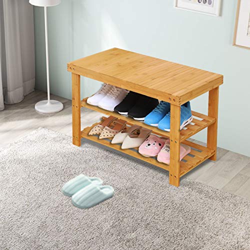 YUHUAWYH Bamboo Bench 2 Tiers Shoe Bench for Entryway Storage Bench Natural C...
