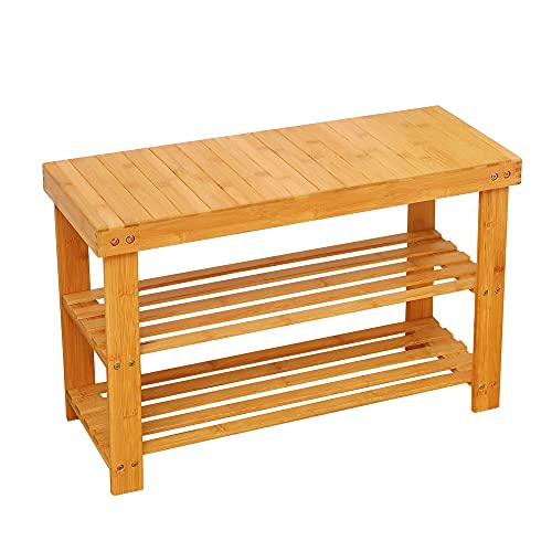 YUHUAWYH Bamboo Bench 2 Tiers Shoe Bench for Entryway Storage Bench Natural C...