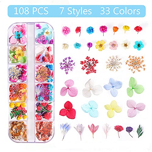 108PCS Dried Flowers for Nail Art - 33 Color Lovely Natural Flower Nail Art, ...