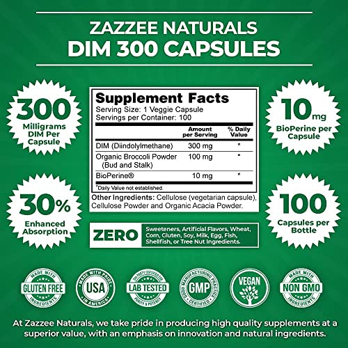 Zazzee Extra Strength DIM 300 mg per Capsule, 10 mg BioPerine, 100 Vegan Caps...