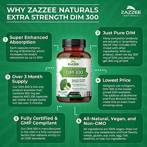 Zazzee Extra Strength DIM 300 mg per Capsule, 10 mg BioPerine, 100 Vegan Caps...