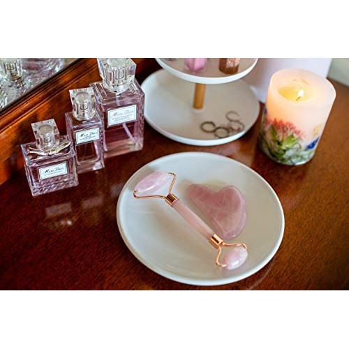 Rose Quartz Roller and Gua Sha Set, 100% Natural Rose Quartz Stone Face Rolle...