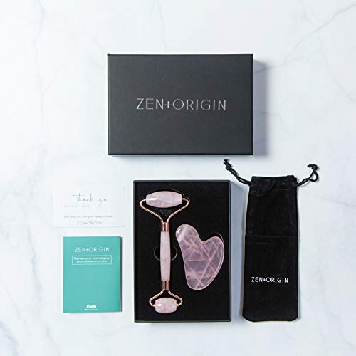 Rose Quartz Roller and Gua Sha Set, 100% Natural Rose Quartz Stone Face Rolle...