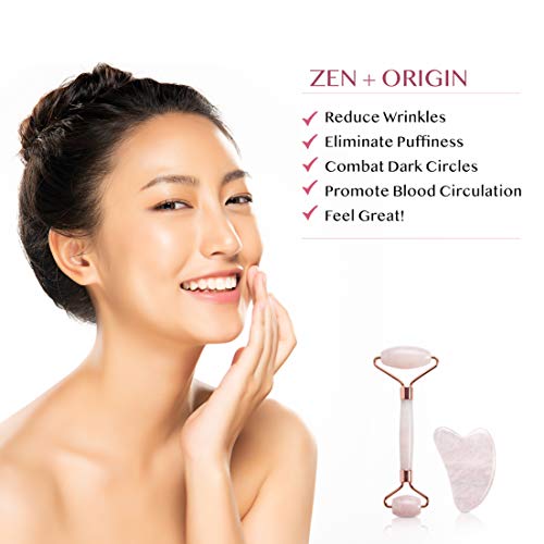 Rose Quartz Roller and Gua Sha Set, 100% Natural Rose Quartz Stone Face Rolle...