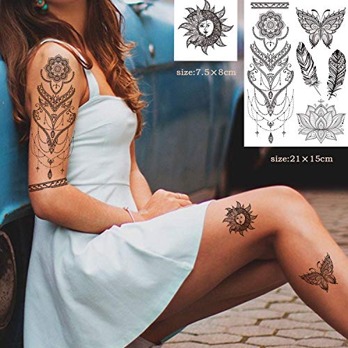 12 Sheets Black Henna Temporary Tattoos for Adults Women Girls, Feather Manda...